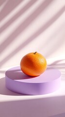 Light lavender background with a 3D small orange in the middle, vibrant and fresh-looking 