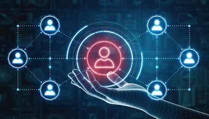 The Future is Connected: A luminous hand cradles a digital network, with interconnected human icons. Illuminating the essence of human connection and network in a futuristic digital panorama.