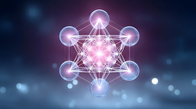 Intricate 3D representation of Metatron s Cube a sacred geometric symbol rendered with ethereal glowing lines spheres and vibrant light core against a softly blurred cosmic backdrop