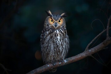 Great horned owl perched on tree branch at night with piercing yellow eyes
