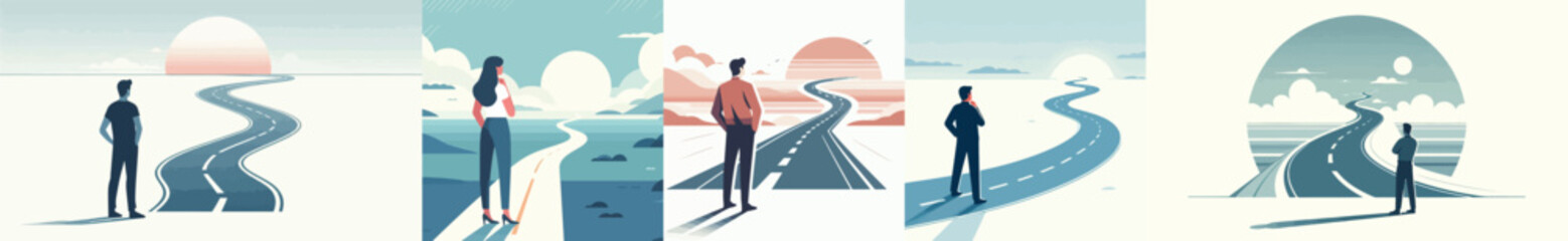 Vector of a person standing looking at a long road ahead. Vector, minimalist, illustration, icon set.