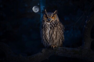 Owl perched on a branch in a dark forest under the full moonlight