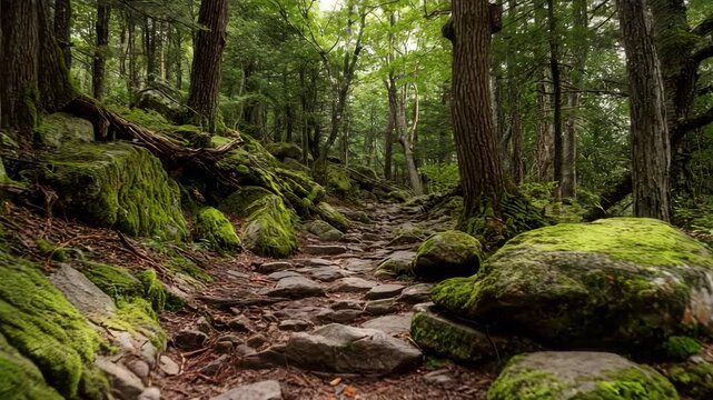 Winding rocky path through a dense moss-covered green forest capturing the serene beauty of nature and outdoor adventure