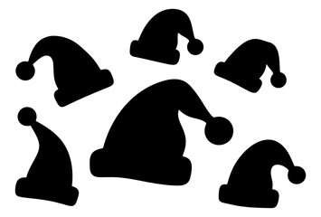 Set of six black silhouette santa claus hats featuring different bent and upright shapes with pom poms for christmas holiday costume design © Rani