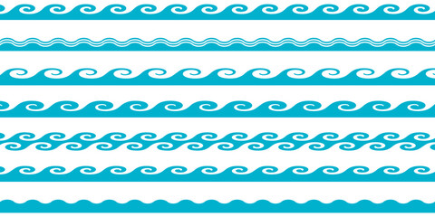 Set of Stylized Blue Ocean Waves and Water Wave Icons - Vector Illustration.