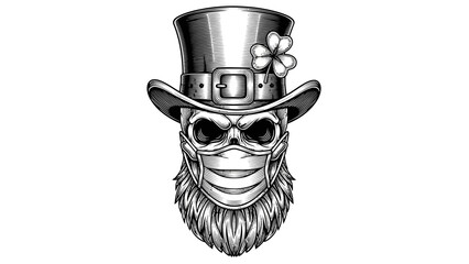 A detailed black and white illustration of a skull wearing a leprechaun hat and a face mask, with a shamrock accent.