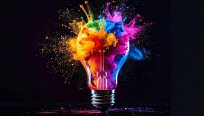 Creative light bulb explodes with colorful dry paint, sparks and splashes on a black background, concept. Think differently creative idea concept. Motion Color drop in water, Ink . lamp