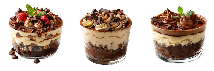 Set of artisanal tiramisu dessert served in glass dish isolated on transparent or white background