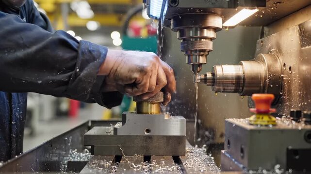 Machinist operates CNC milling machine in factory with metal part and coolant. Worker adjusts metal workpiece on CNC mill. Technician sets up precision milling operation. Man operates industrial
