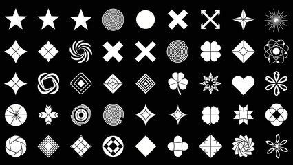 A collection of diverse geometric and abstract shapes and symbols on a black background.