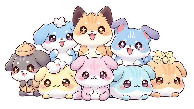 A group of adorable, colorful cartoon puppies with big eyes and happy expressions, depicted in a cute kawaii style.