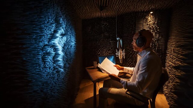 A focused individual records in a soundproof studio, surrounded by acoustic panels, utilizing headphones and a microphone while reviewing his script, creating an optimal recording environment.