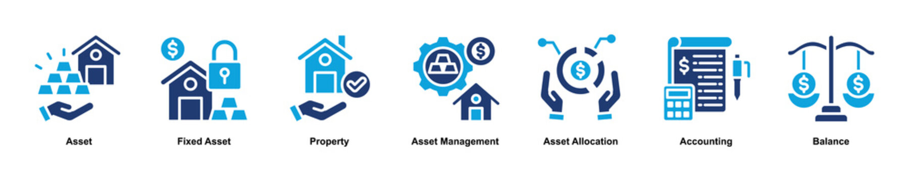Asset Management web banner icon illustration concept with an icon of Asset,Fixed Asset,Property,Asset Allocation,Asset Management,Accounting,Balance. Glyph Color style