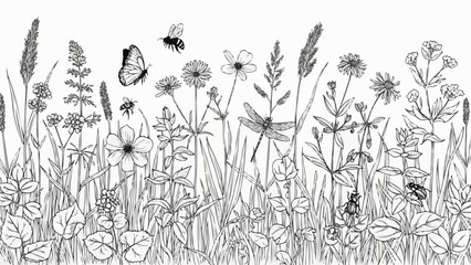 Illustration of Wildflowers and Insects in Black and White. © Ahmad