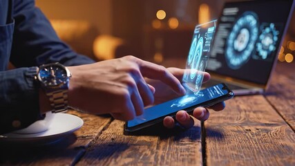 Businessman uses smartphone with holographic data at cafe table. Man touches phone displaying data interface. Businessman works with smartphone hologram. Coffee and laptop on wooden cafe table. - Powered by Adobe