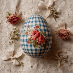 Floral Easter Egg w/ roses, gingham, and ribbons on textured fabric