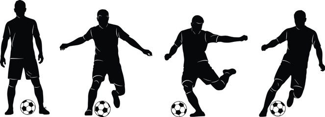 Professional soccer player silhouettes set with athletes kicking and dribbling footballs in various action poses for sports design