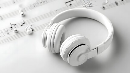 A pair of modern white over ear headphones is elegantly placed on a white surface covered with printed sheet music featuring musical notes and staves