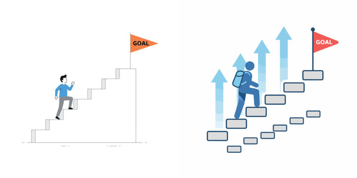 a person climbs the stairs towards a small flag that says goal. Vector, minimalist, illustration, icon set.