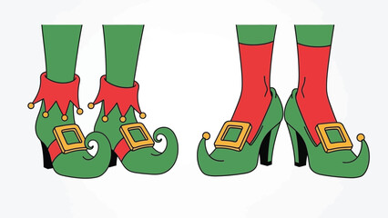Cartoon image of elf shoes with red socks and gold buckles.