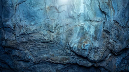 Abstract Blue Cave Wall Surface with Rough Crystalline Textures and Shadows, Natural Underground Mineral Background for Design Projects