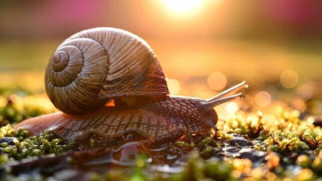 A snail glides slowly across damp moss, illuminated by the soft glow of the setting sun. The snail's spiral shell glistens with moisture, highlighting its unique patterns and form.