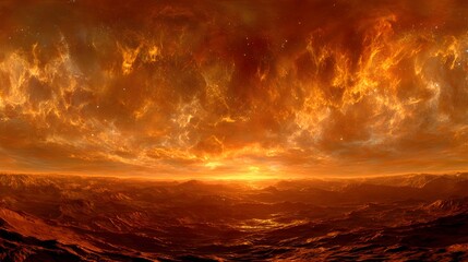 Fototapeta premium Fiery Sky Over a Turbulent Red Planet Landscape With Intense Sunset Glow