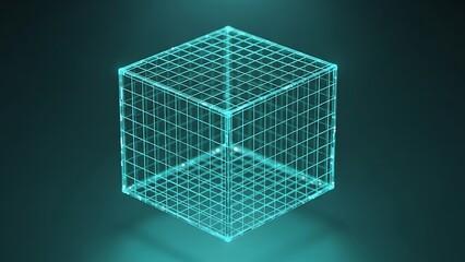 Wireframe cube with glowing blue lines.
