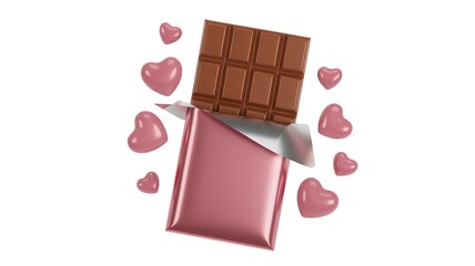 Delicious Milk Chocolate Bar in Pink Foil Wrapper with Decorative Sweet Hearts for Valentine Day Gift Isolated on White