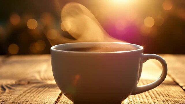 A steaming cup of coffee sits on a wooden table, bathed in warm golden light from the sun. The coffee emits steam, inviting a moment of pause and reflection in the serene setting.