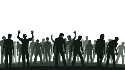 A silhouette of a crowd of zombies walking forward with their arms raised.