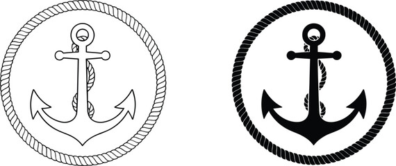 Nautical marine anchor vector set with rope circular border in black silhouette and thin line art style illustrations © Sumona