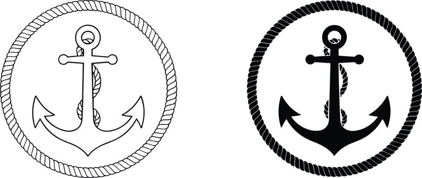 Nautical marine anchor vector set with rope circular border in black silhouette and thin line art style illustrations