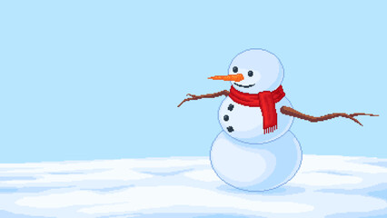 Pixel art snowman with scarf standing on the right side in snowy landscape. Soft pastel winter scene with open space for text or design elements. Ideal for holiday greetings and seasonal layouts.