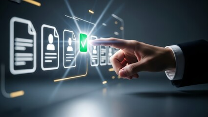 Businessman interacting with futuristic digital interface for verification
