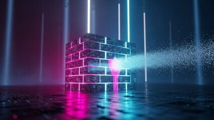 Neon-lit brick wall with glowing pink and blue lights