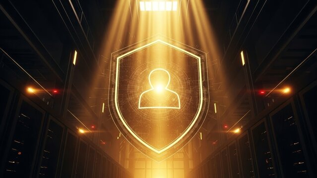 Golden shield with glowing user icon in secure server room