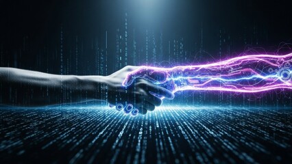 Hands shaking with glowing neon connection in digital space