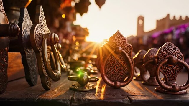 Intricately designed bronze door knockers rest on a wooden table, illuminated by the warm glow of the setting sun. The warm sunlight enhances the beauty of the bronze door knockers, inviting