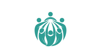 Abstract teal logo of people forming a protective circle.