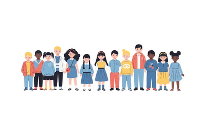 A diverse group of children of various ethnicities and genders standing together in a line.