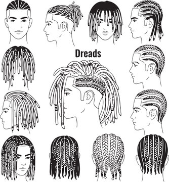 PrintVector illustration set of male hairstyles with dreadlocks and braids, modern men&rsquo;s hair design collection