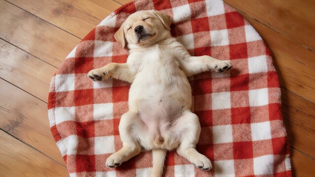 A tiny yellow labrador puppy sleeps on its back with paws up on a red and white checkered blanket on wooden floor.
