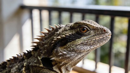 Close up portrait of an Australian water dragon lizard showing its spiky scales and bright eye against a blurred balcony background.
