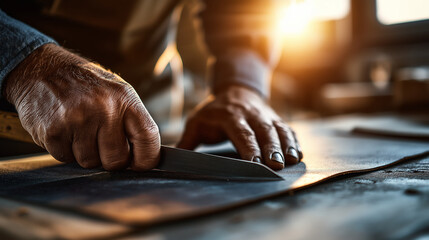 Person using knife shaping leather against workshop background
