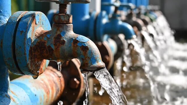 Old blue rusty water taps with flowing water outdoors
