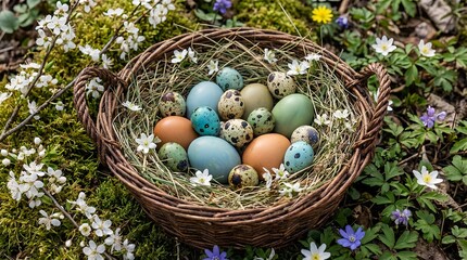 Decorative Easter eggs in wicker basket on green grass with flowers  