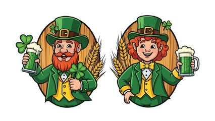 Two cartoon leprechauns in green suits holding shamrocks and green beer, with wheat stalks in the background.