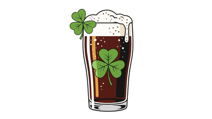 A pint of dark beer adorned with shamrocks, celebrating St. Patrick's Day.