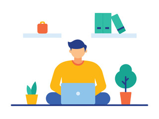 Freelancer Working on Laptop at Home Flat Vector Illustration